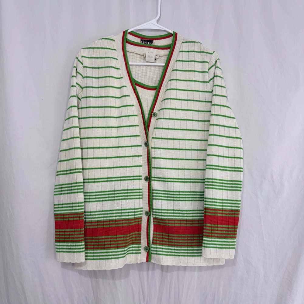 Vintage Sweater Twinset Cardigan & Shell Cream Red Green Striped Womens Medium